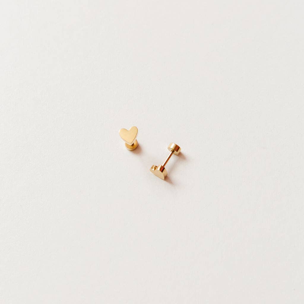 Heart Stud Earrings - Hypoallergenic, Flat Back, Girl Gift: Gold