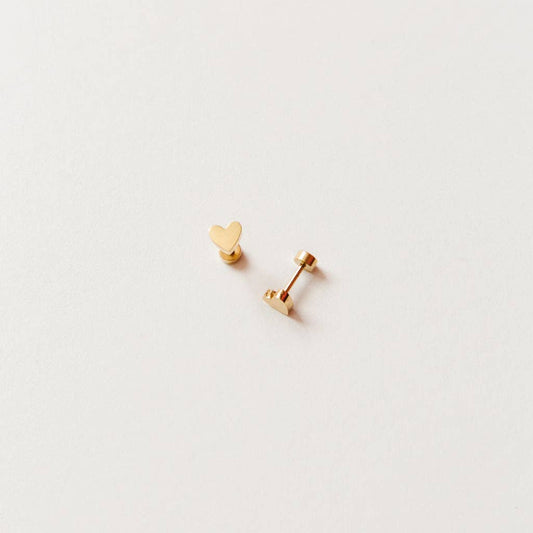 Heart Stud Earrings - Hypoallergenic, Flat Back, Girl Gift: Gold