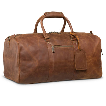 Buffalo Leather Duffle with Trolley Sleeve: Saddle Brown