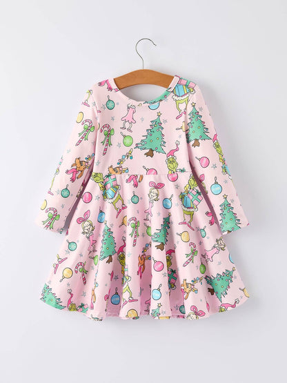 Pink Christmas Character Print Long Sleeve Girls Dress: 6 - Persnickety Shop
