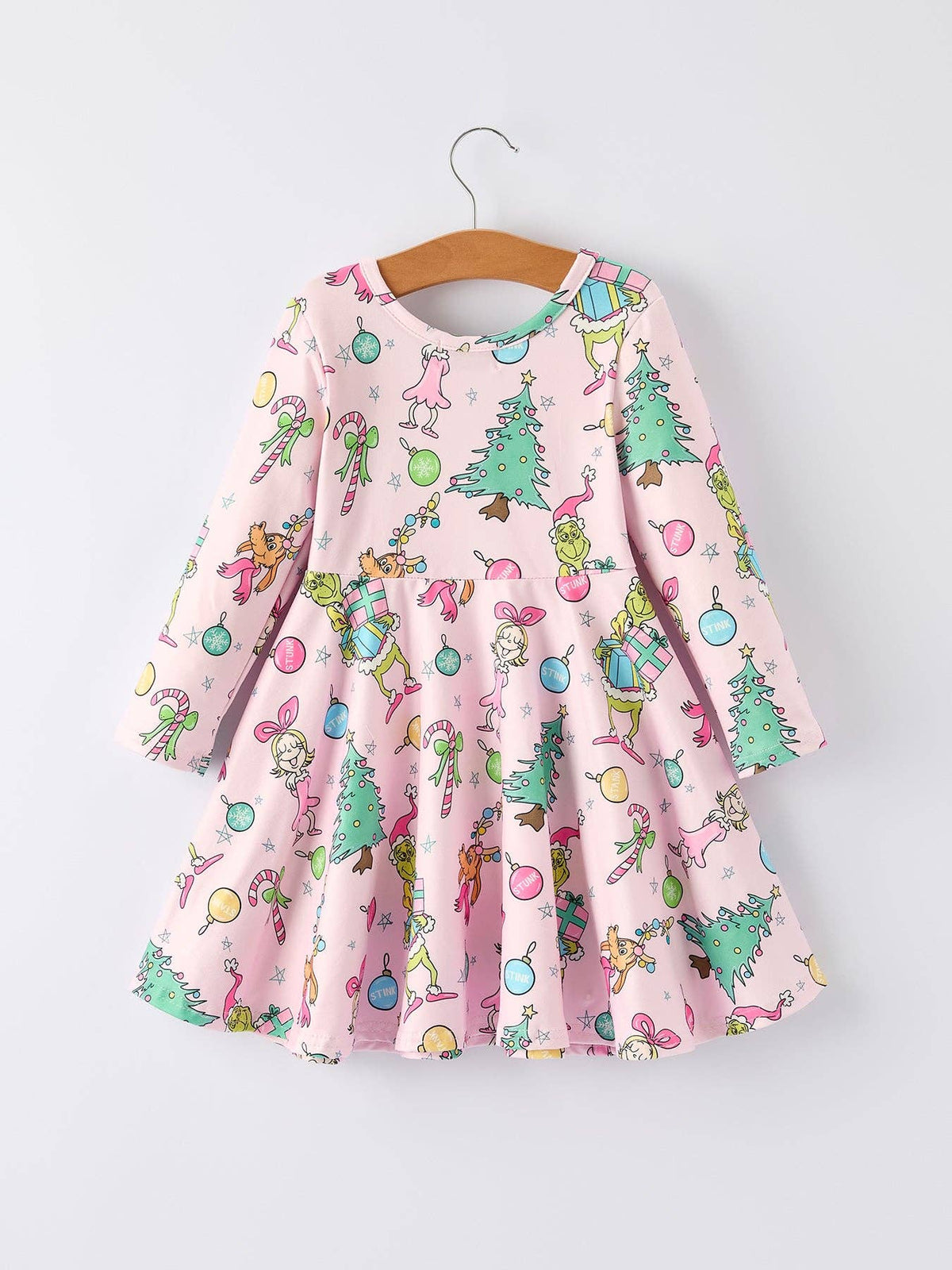 Pink Christmas Character Print Long Sleeve Girls Dress: 6