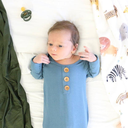 Solid Dusty Blue Bamboo Baby Knot Gown & Hat: Newborn / 7-14lbs+ - Persnickety Shop