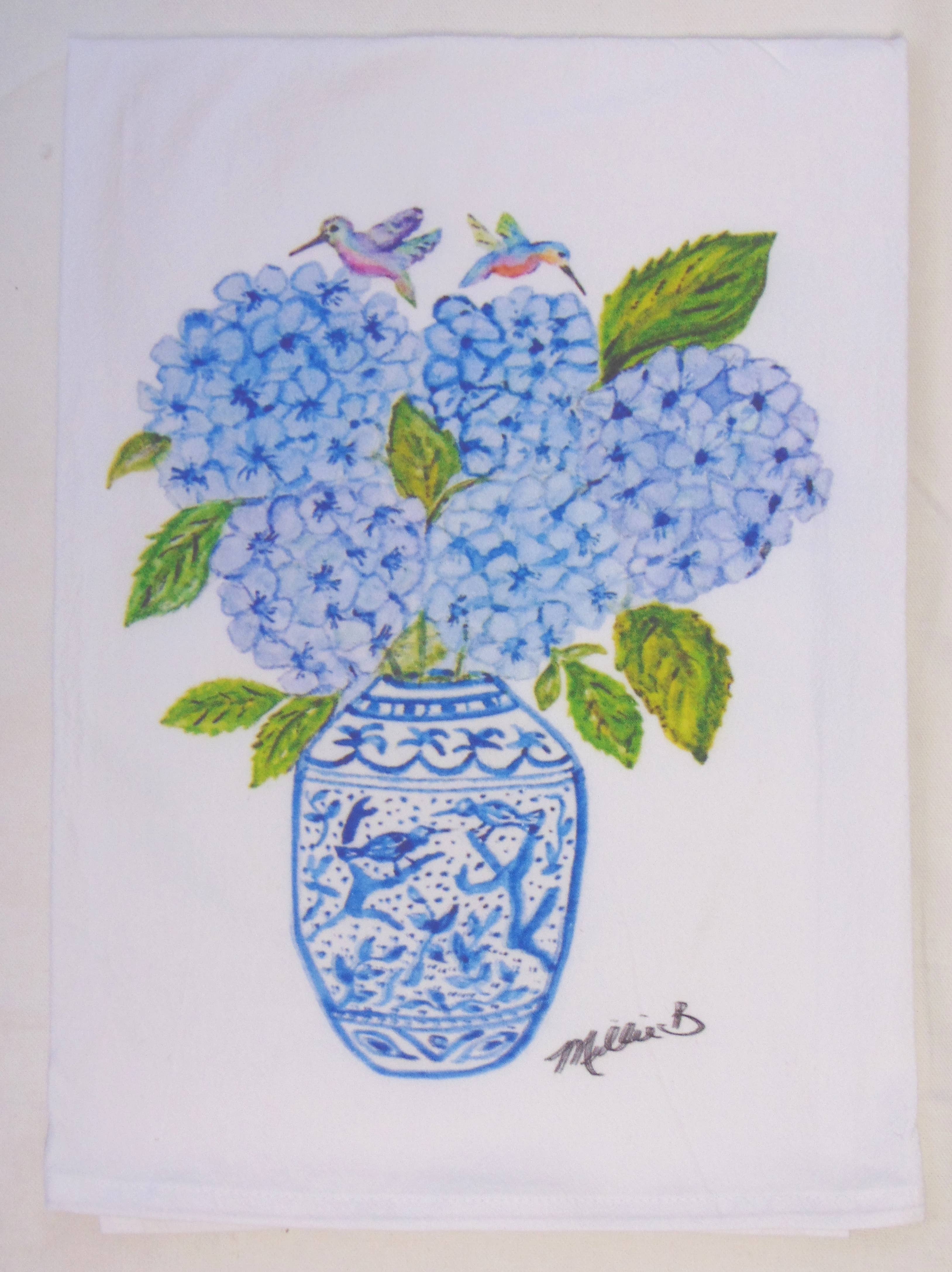 Limited Edition Hydrangea Hummingbird White Flour Sack Towel - Persnickety Shop