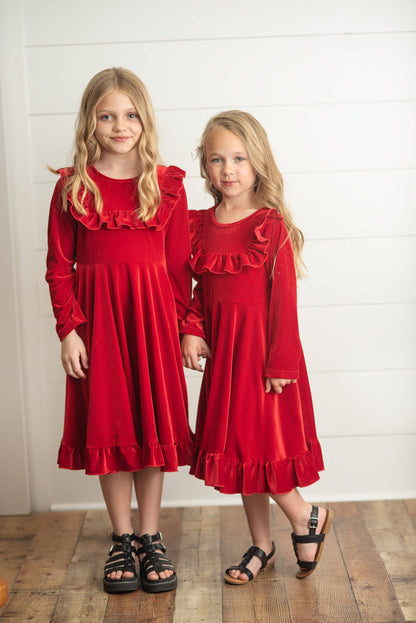 Kids Red Velvet Ruffle Fancy Winter Christmas Party Dress: 10/12 - Persnickety Shop