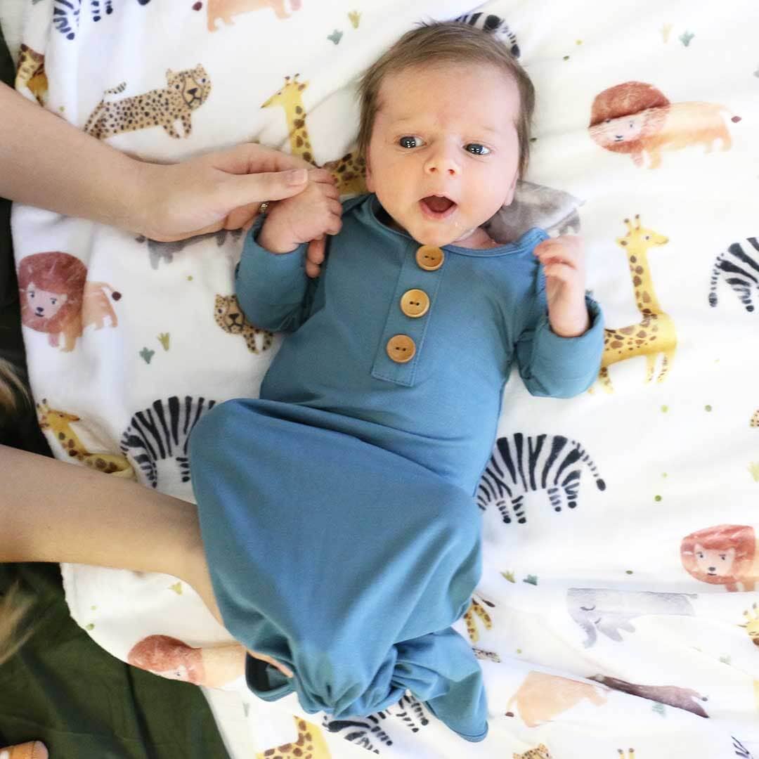 Solid Dusty Blue Bamboo Baby Knot Gown & Hat: Newborn / 7-14lbs+ - Persnickety Shop