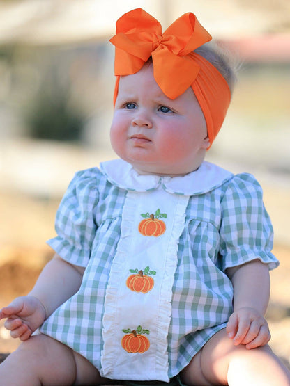 Fall Halloween & Thanksgiving Applique Plaid Girls Bloomers Romper Set: 12M