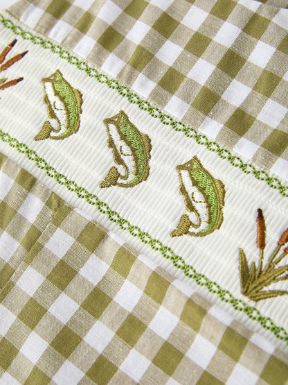 Green Plaid Fish Embroidered Smocked Baby Boy Romper: 3M - Persnickety Shop