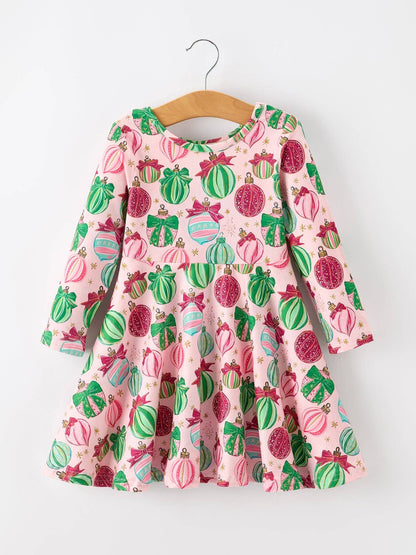 Christmas Girls Holiday Ornament Print Twirl Dress