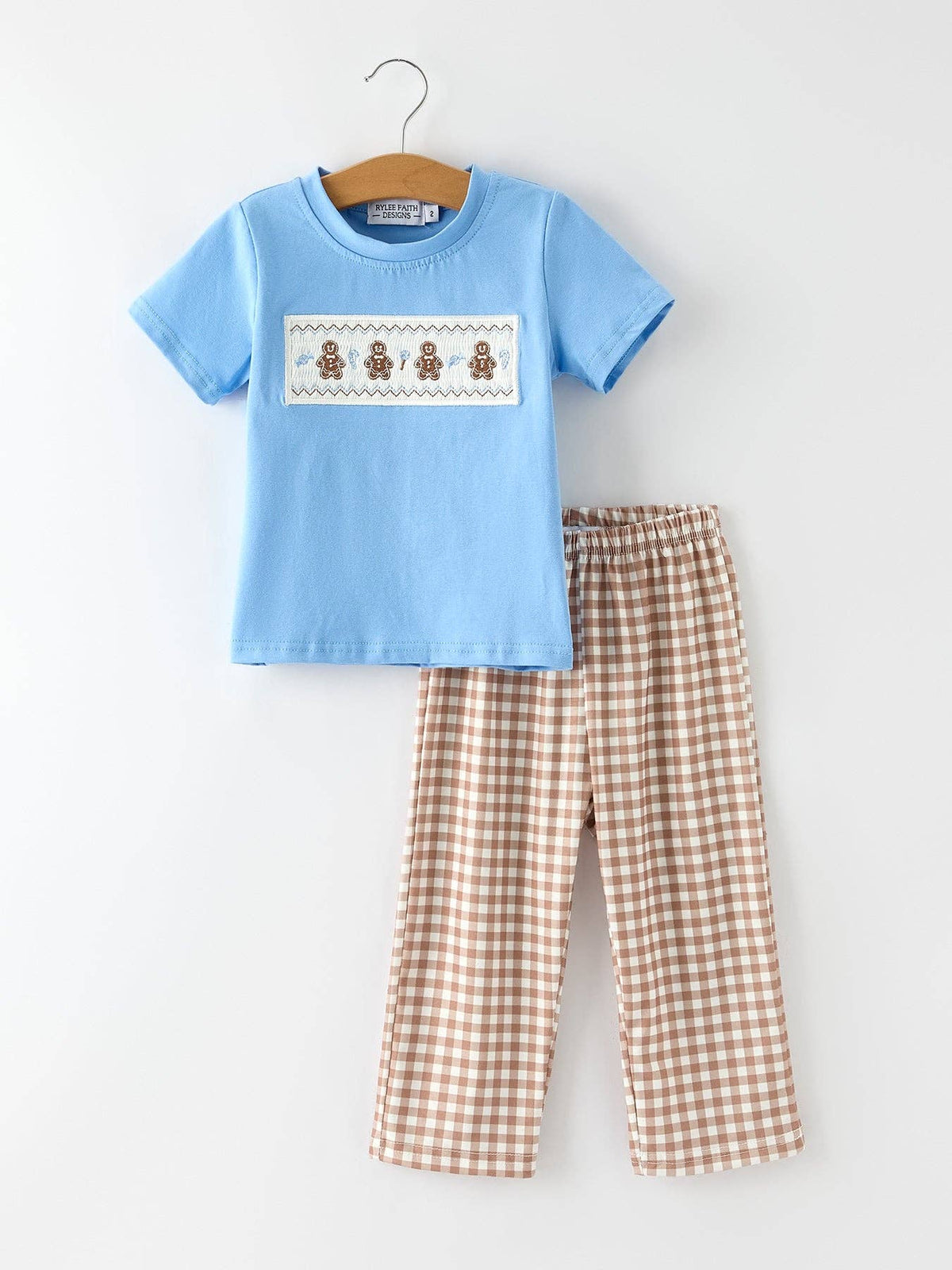 Christmas Vintage-Style Embroidered Gingerbread Plaid Boys Set: 3