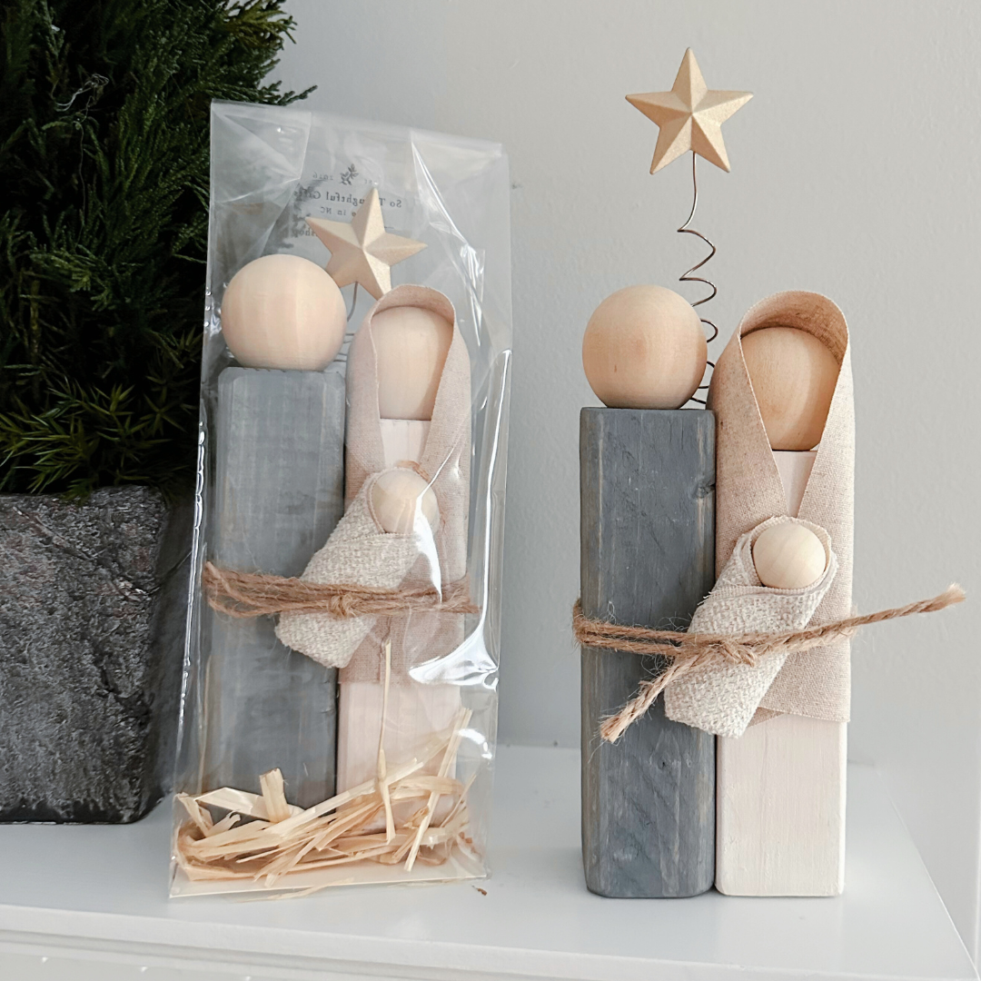 Simple Wooden Nativity Set | Hand-painted | Gift Wrapped: Gray & White - Persnickety Shop