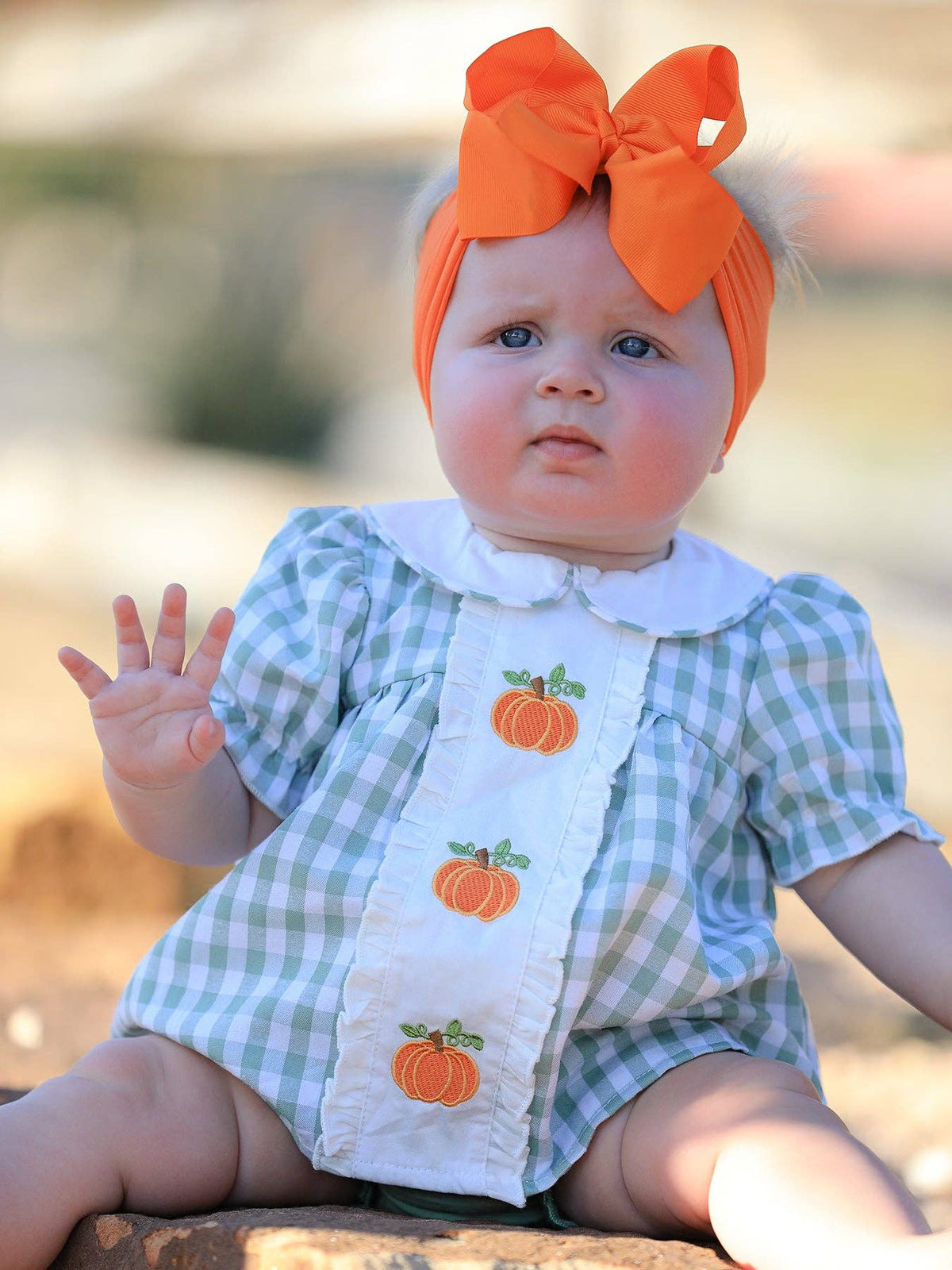 Fall Halloween & Thanksgiving Applique Plaid Girls Bloomers Romper Set: 3M