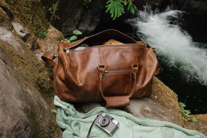 Buffalo Leather Duffle with Trolley Sleeve: Saddle Brown