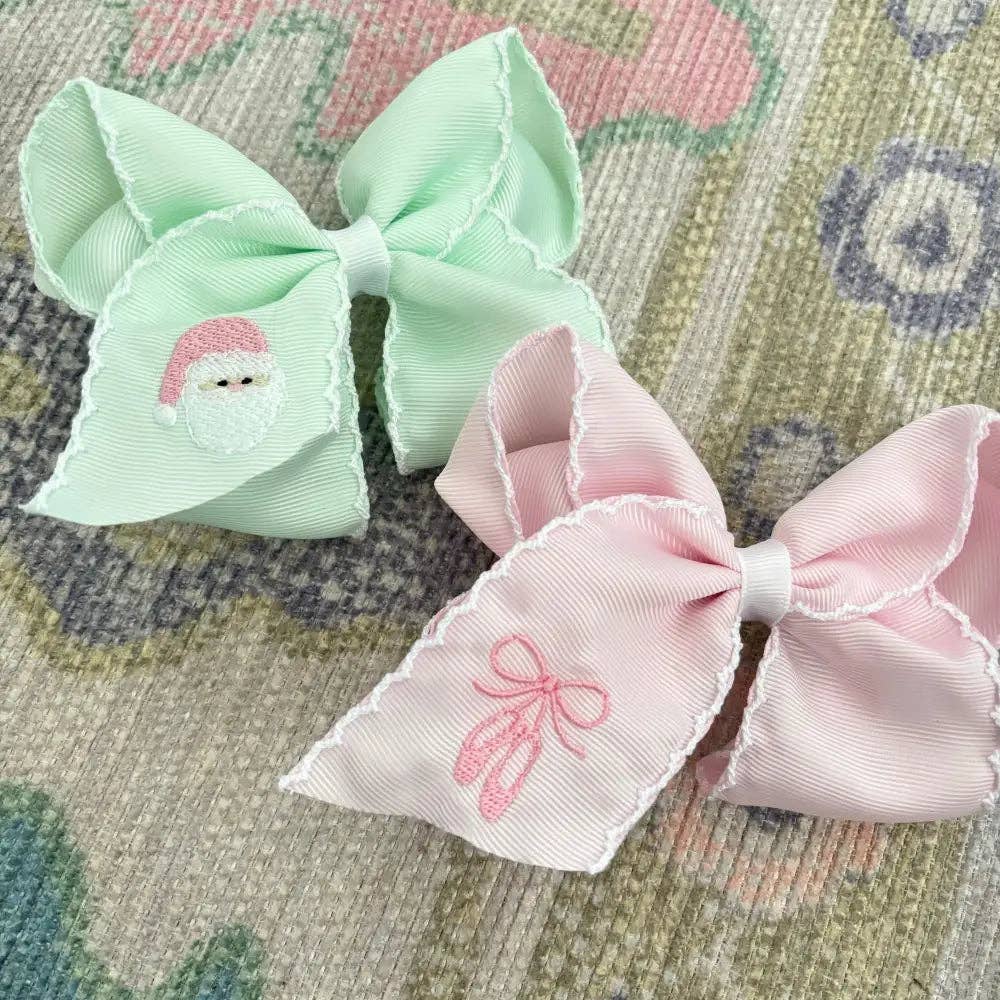 Classic Grosgrain Moonstitch Hair Bow - Medium: White w/ Pink - Persnickety Shop