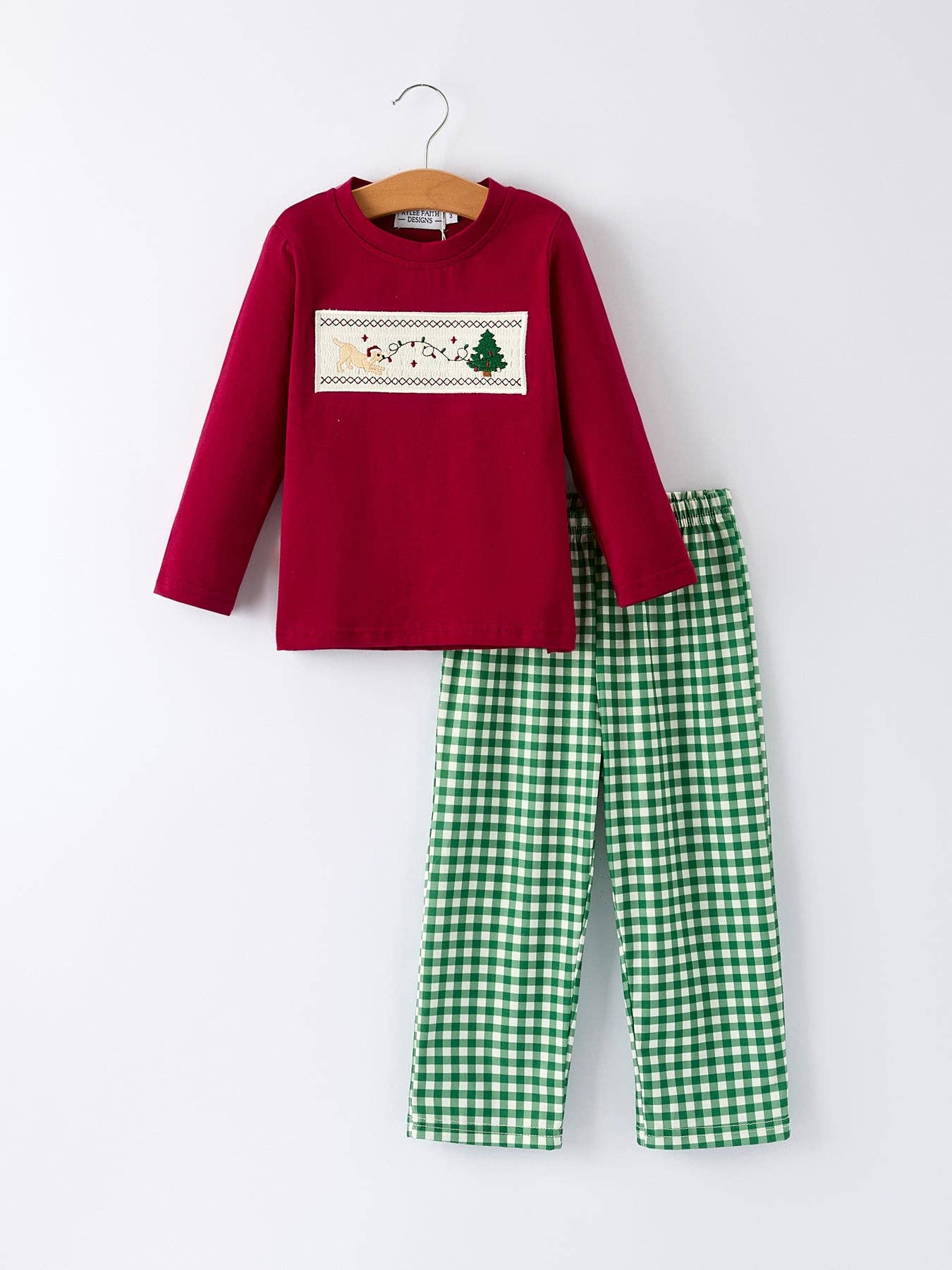 Christmas Tree Dog Smocking Embroidered  Plaid Boys Set: 2 - Persnickety Shop