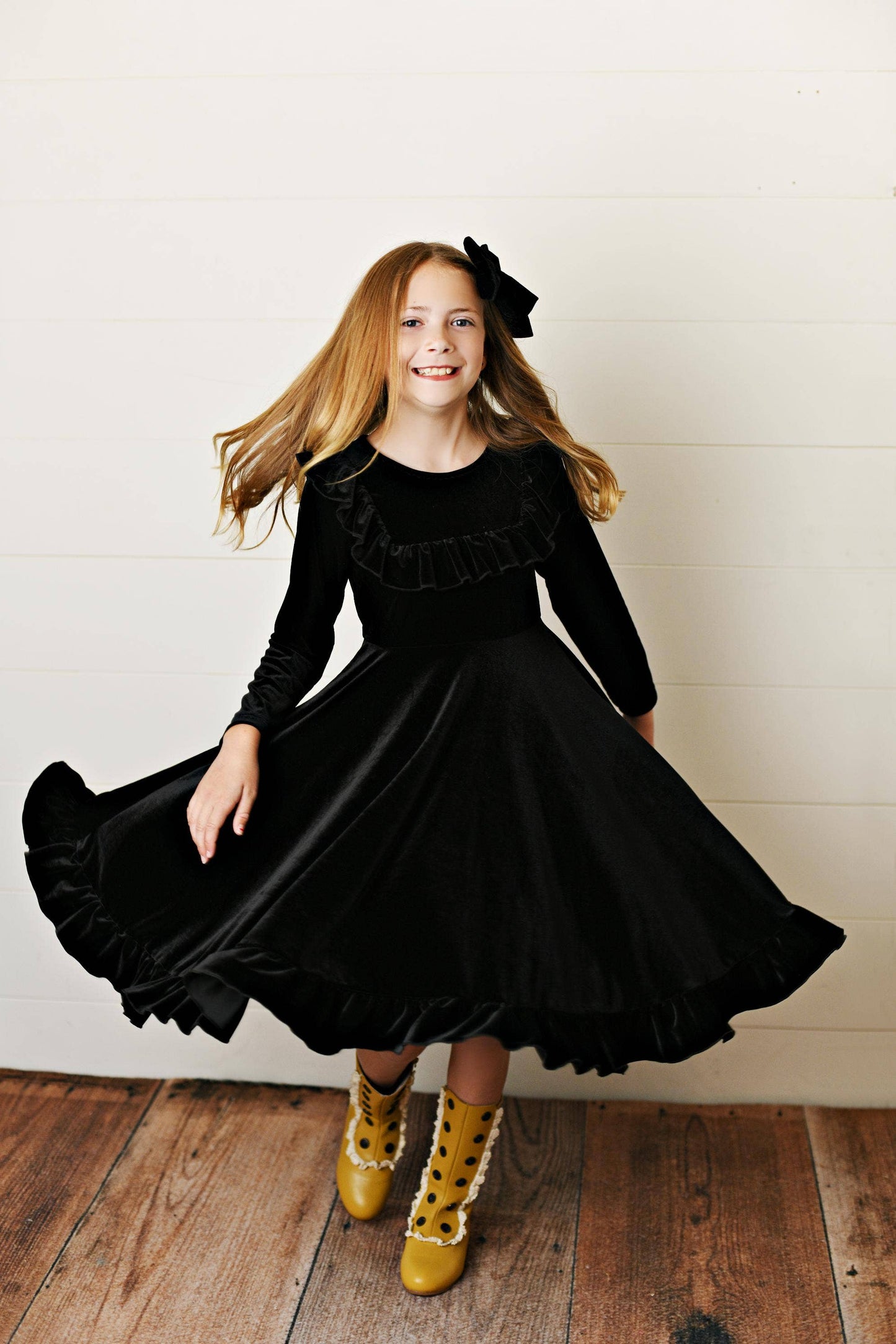 Kids Black Velvet Ruffle Fancy Winter Christmas Party Dress: 7/8 - Persnickety Shop