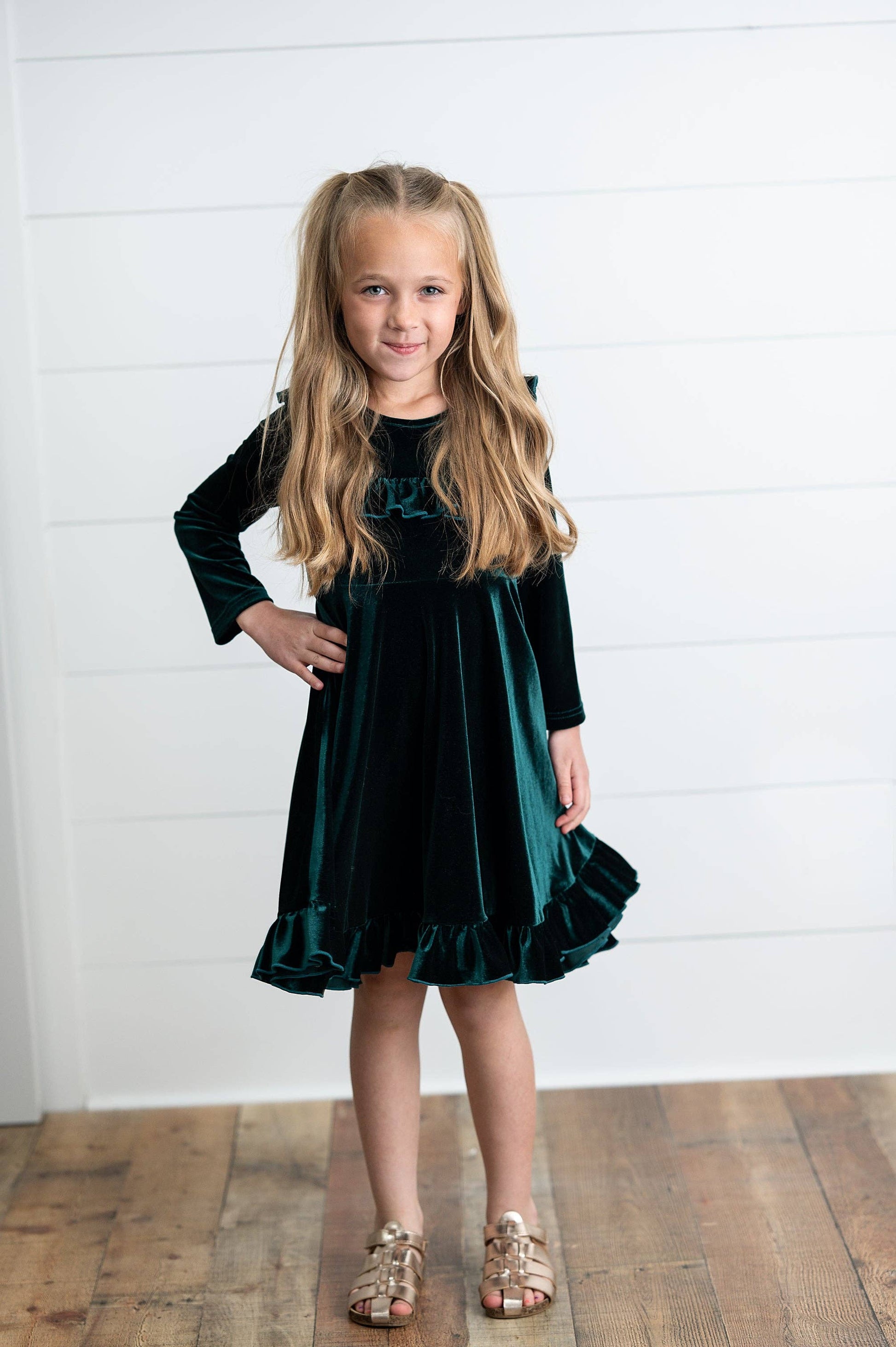Kids Emerald Green Velvet Ruffle Fancy Christmas Party Dress: 5/6 - Persnickety Shop