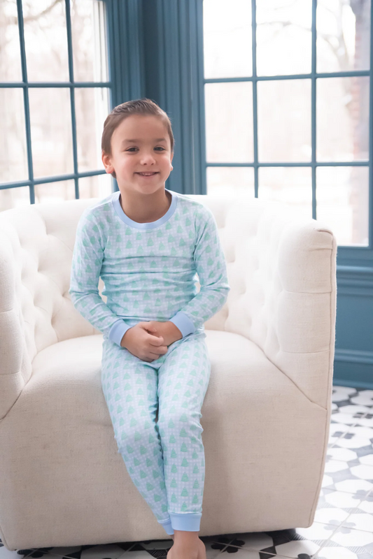 Two Piece Jammies, Blue Gingham Christmas Tree Lounge