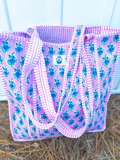 Heart of Grace Blue Blossom Quilted Tote Bag