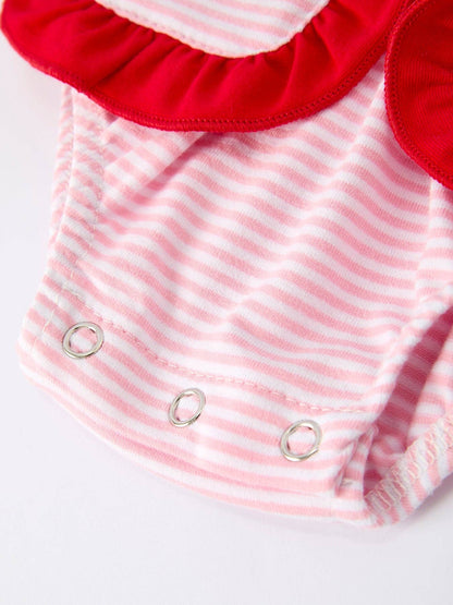 Christmas Candy Cane Embroidery Striped Baby Girl Romper with Pocket Ruffles: 3M - Persnickety Shop