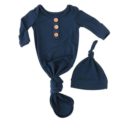 Solid Dark Navy Bamboo Baby Knot Gown & Hat: Newborn / 7-14lbs+ - Persnickety Shop