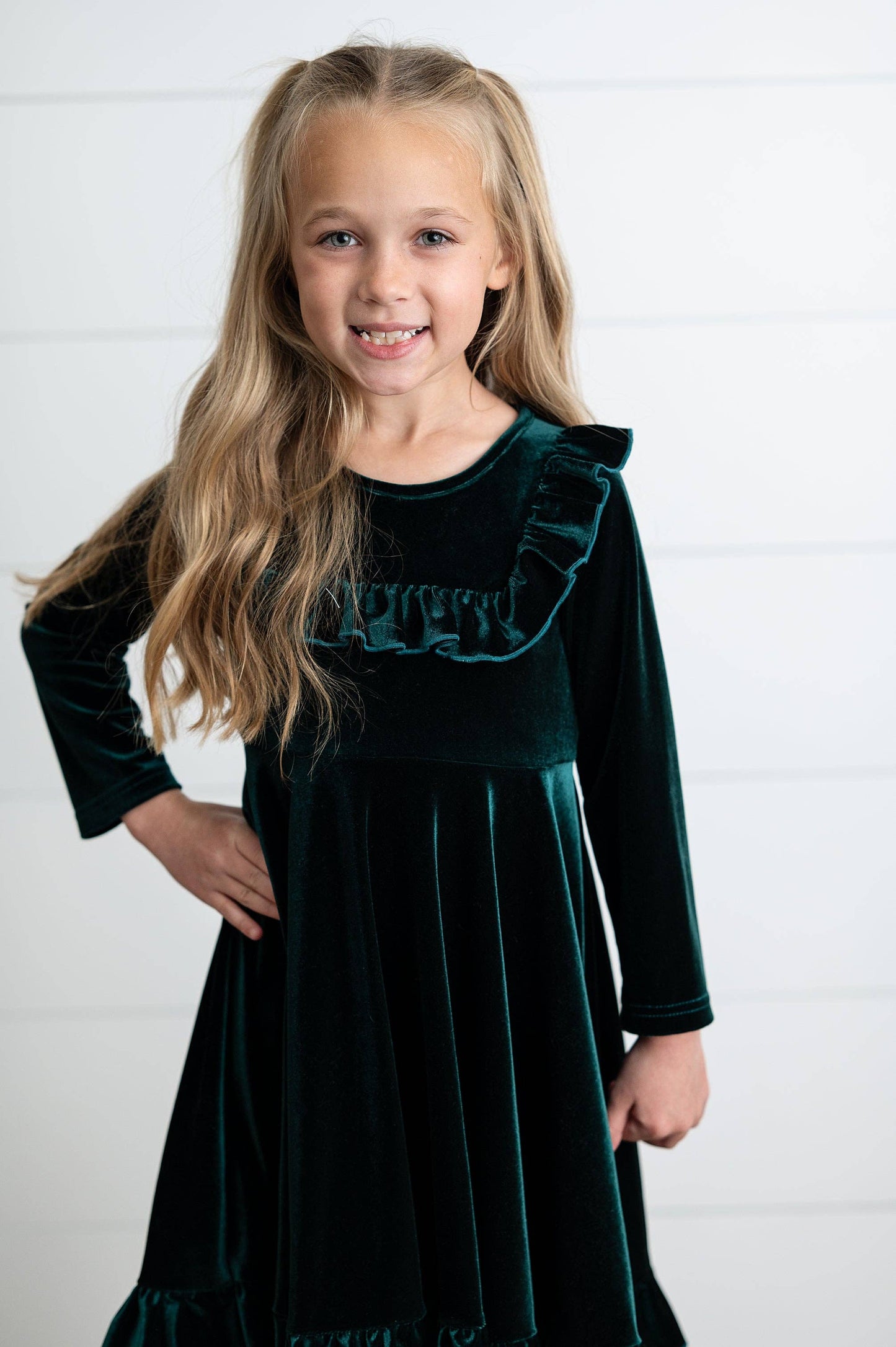 Kids Emerald Green Velvet Ruffle Fancy Christmas Party Dress: 5/6 - Persnickety Shop