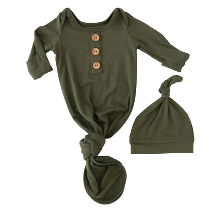 Solid Olive Bamboo Baby Knot Gown & Hat: Newborn / 7-14lbs+ - Persnickety Shop