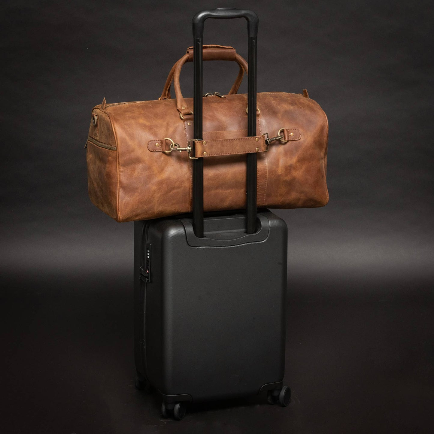 Buffalo Leather Duffle with Trolley Sleeve: Saddle Brown