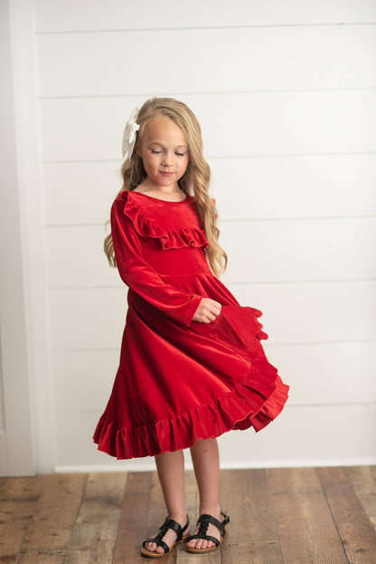 Kids Red Velvet Ruffle Fancy Winter Christmas Party Dress: 10/12 - Persnickety Shop