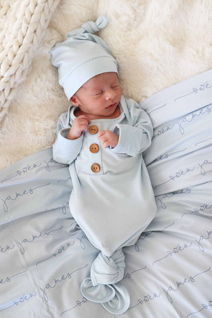 Baby Blue Newborn Baby Knot Gown & Hat Set - Persnickety Shop
