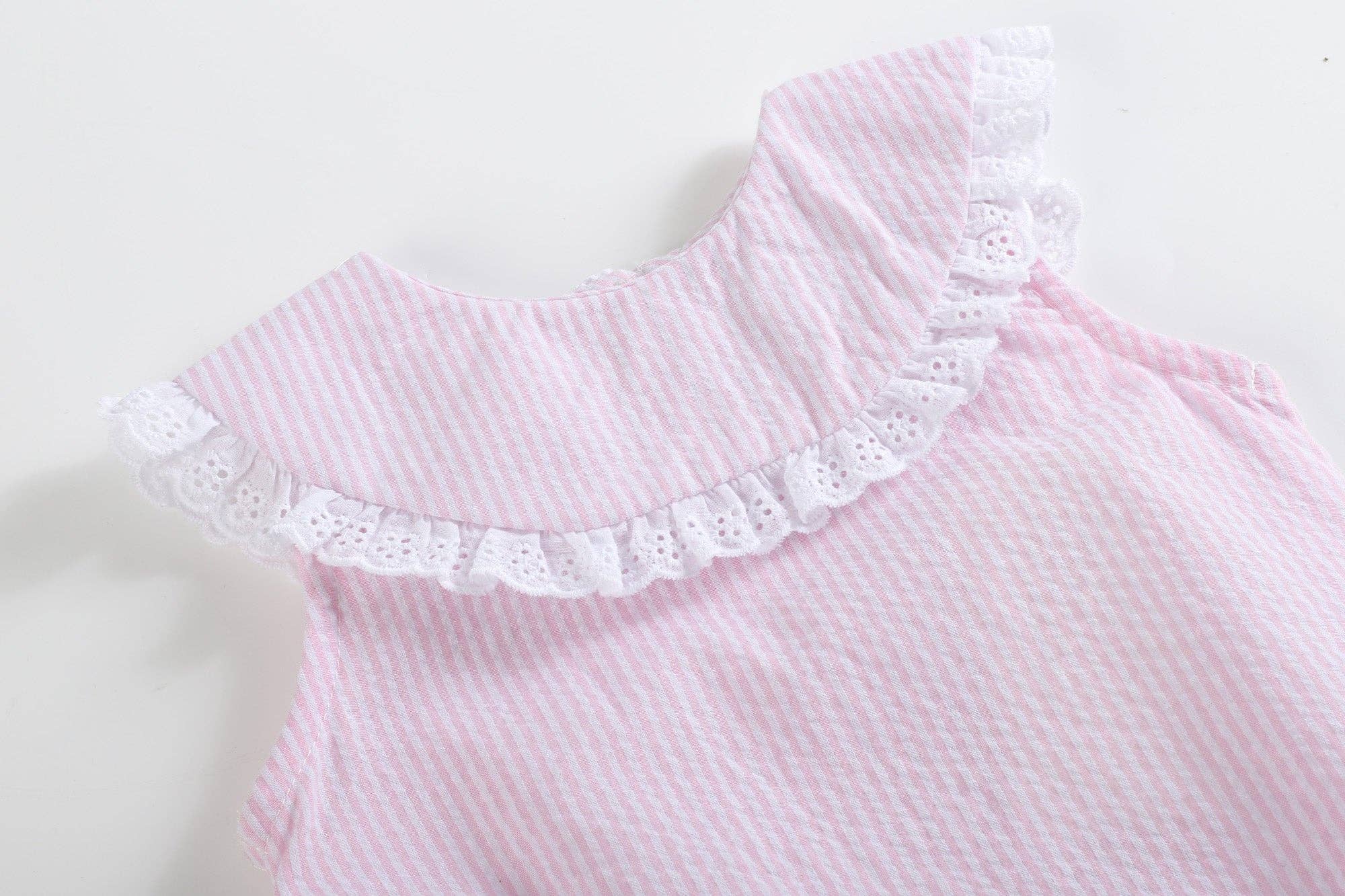 Classic Light Pink Seersucker Collared Baby Bubble Romper