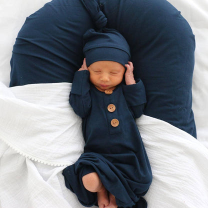 Solid Dark Navy Bamboo Baby Knot Gown & Hat: Newborn / 7-14lbs+ - Persnickety Shop