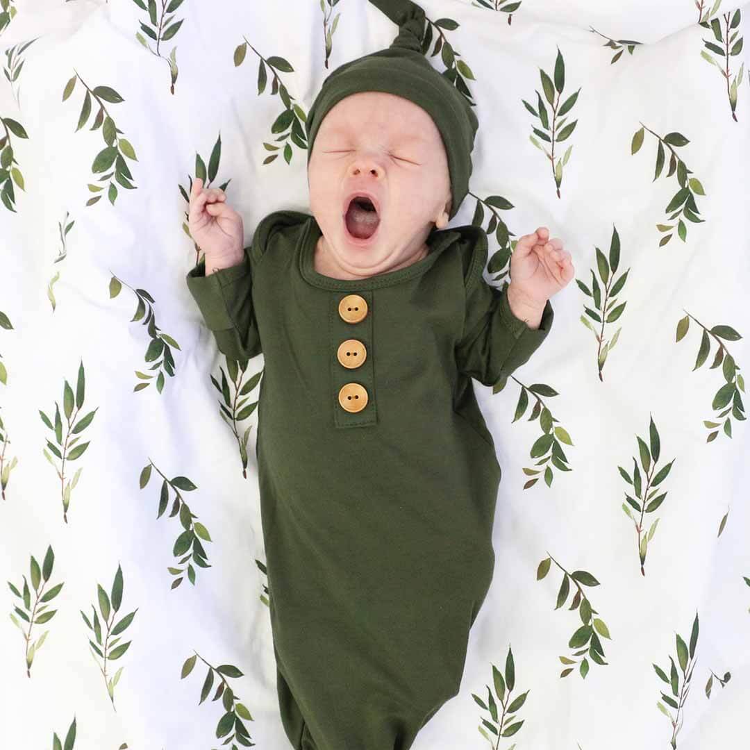 Solid Olive Bamboo Baby Knot Gown & Hat: Newborn / 7-14lbs+ - Persnickety Shop