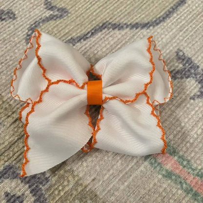 Classic Grosgrain Moonstitch Hair Bow - Medium: White w/ Orange - Persnickety Shop