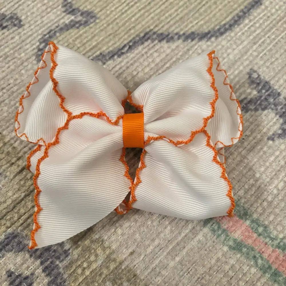 Classic Grosgrain Moonstitch Hair Bow - Medium: White w/ Pink - Persnickety Shop