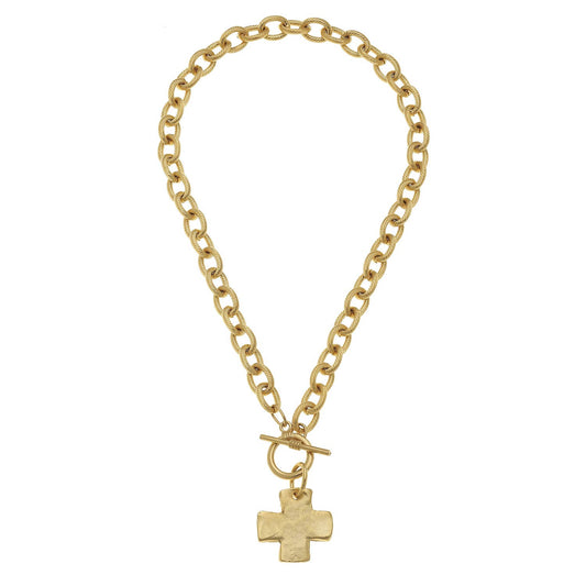 16" Handcast Gold Cross Front Toggle Necklace