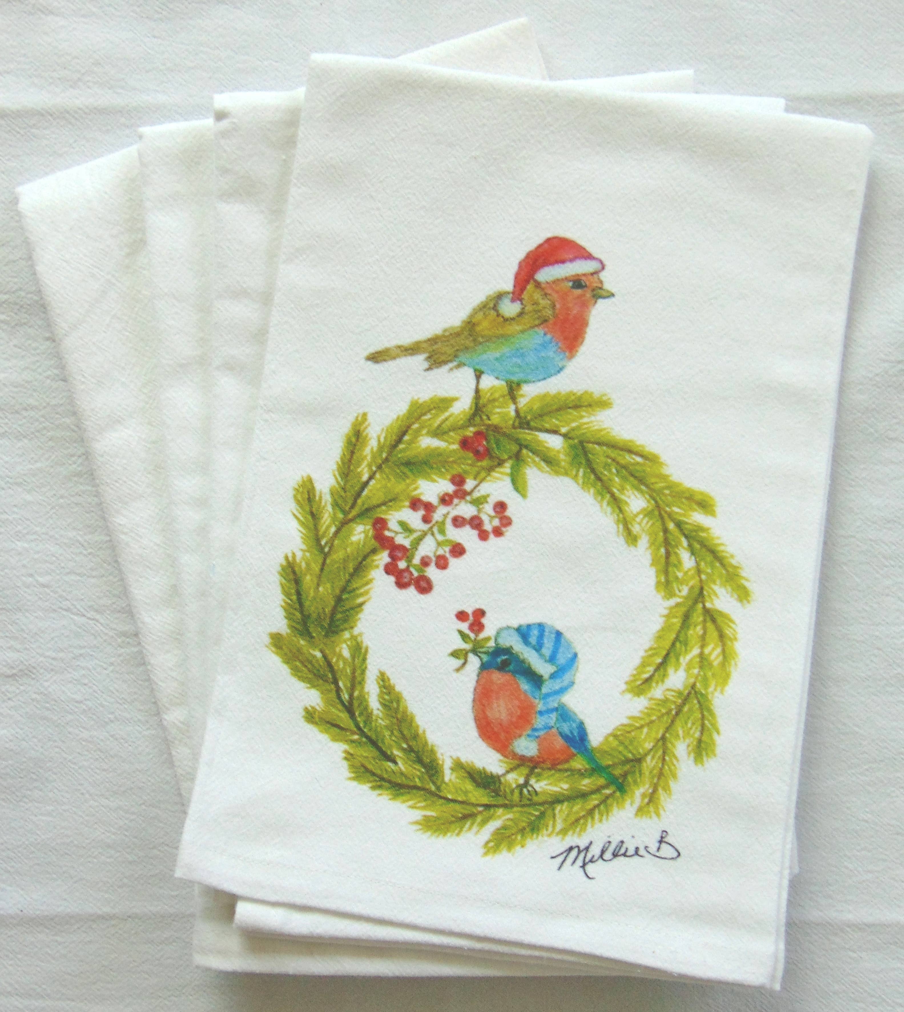 Limited Edition Watercolor Wreath Birdies Flour Sack Napkins - Persnickety Shop