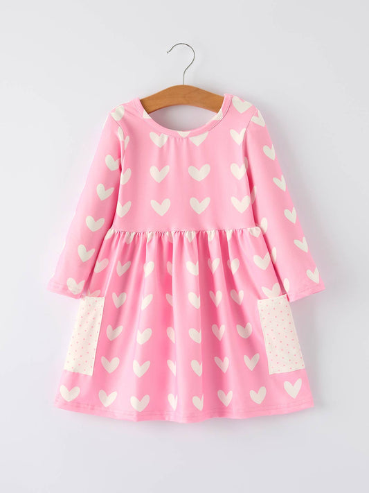 Pink Heart Long Sleeve Dress with Pockets - Persnickety Shop