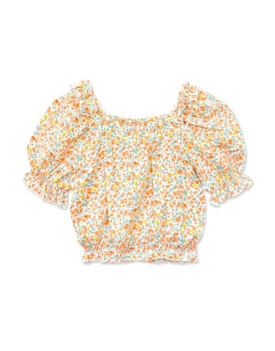 GKT-3150B Girl's Fashion Top w/ Puff Sleeve : Peach Floral #103 / M8/10 - Persnickety Shop