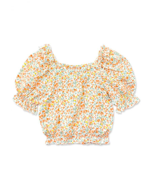 GKT-3150B Girl's Fashion Top w/ Puff Sleeve : Peach Floral #103 / M8/10 - Persnickety Shop