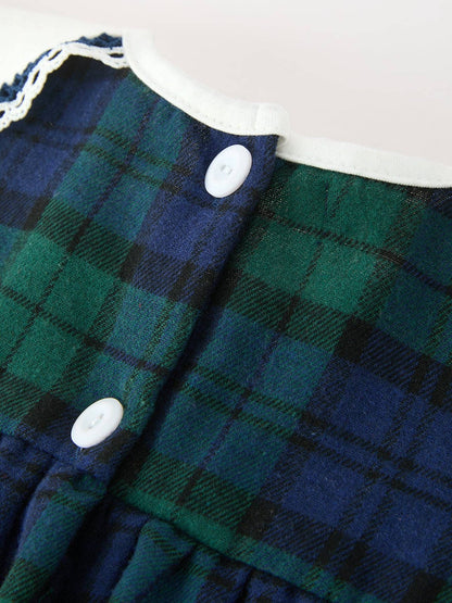 Christmas Girls Green & Navy Plaid Embroidered Collar Dress: 4