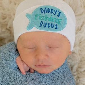 DADDY'S FISHING NEWBORN BOY HOSPITAL HAT - WHITE HOSPITAL HAT NEWBORN BOY- FISHING BUDDY PATCH (BOY OR GIRL) - Persnickety Shop