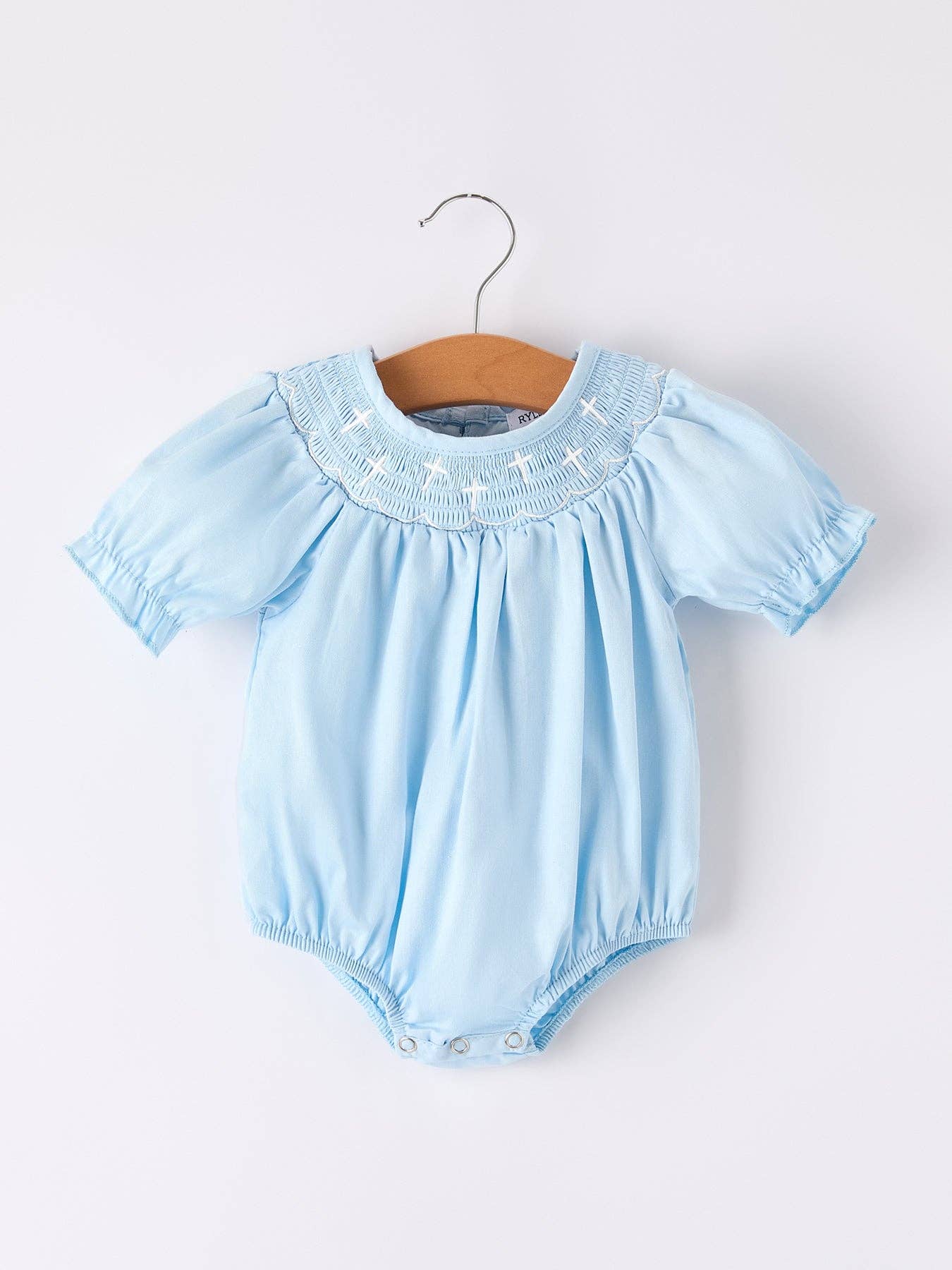 Girls Cross Smocking Embroidered Blue Romper: 3M - Persnickety Shop