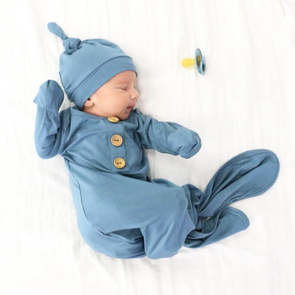 Solid Dusty Blue Bamboo Baby Knot Gown & Hat: Newborn / 7-14lbs+ - Persnickety Shop