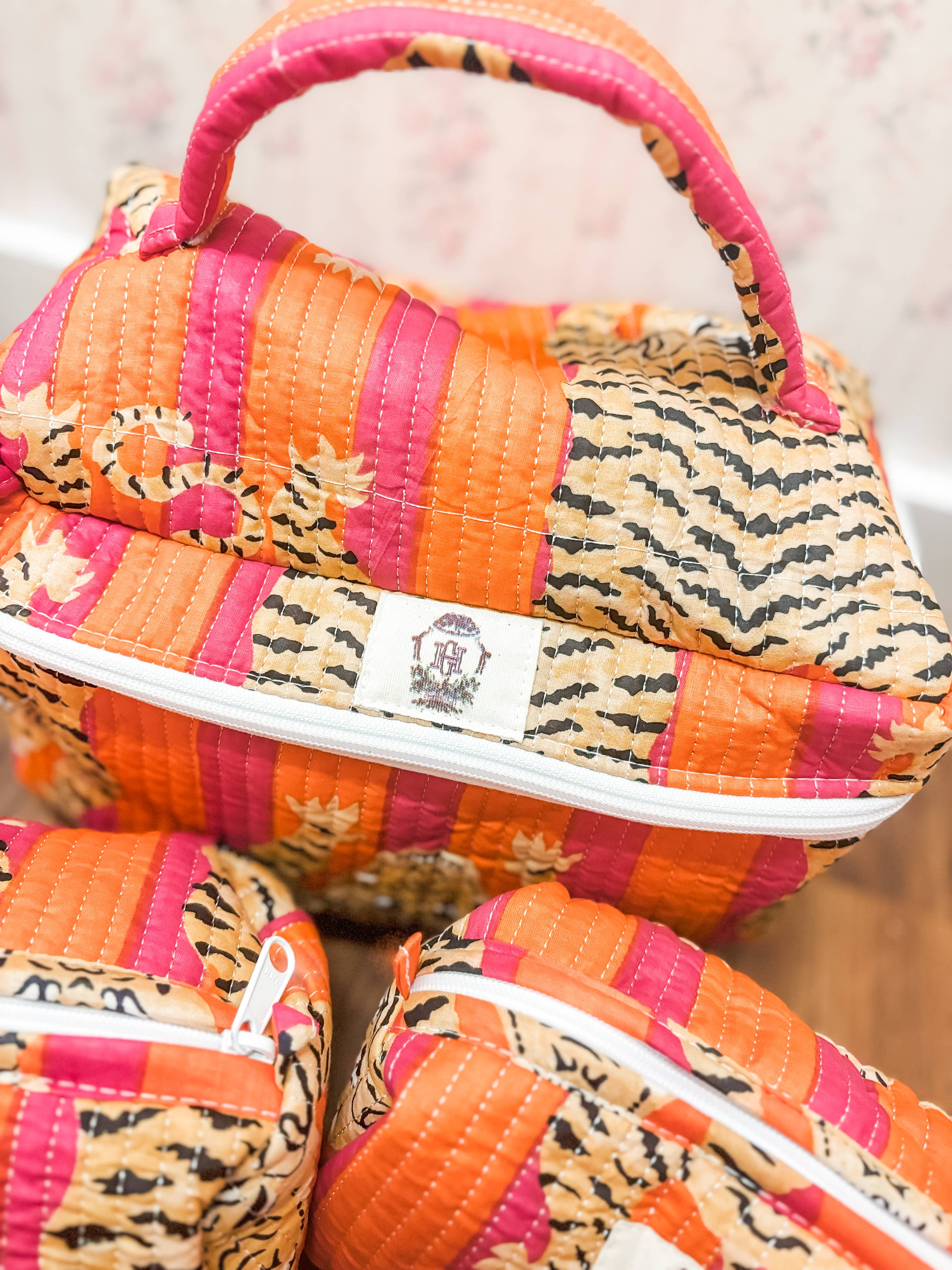 Orange + Pink Eye of the Tiger Set of 3 Cosmetic Bags