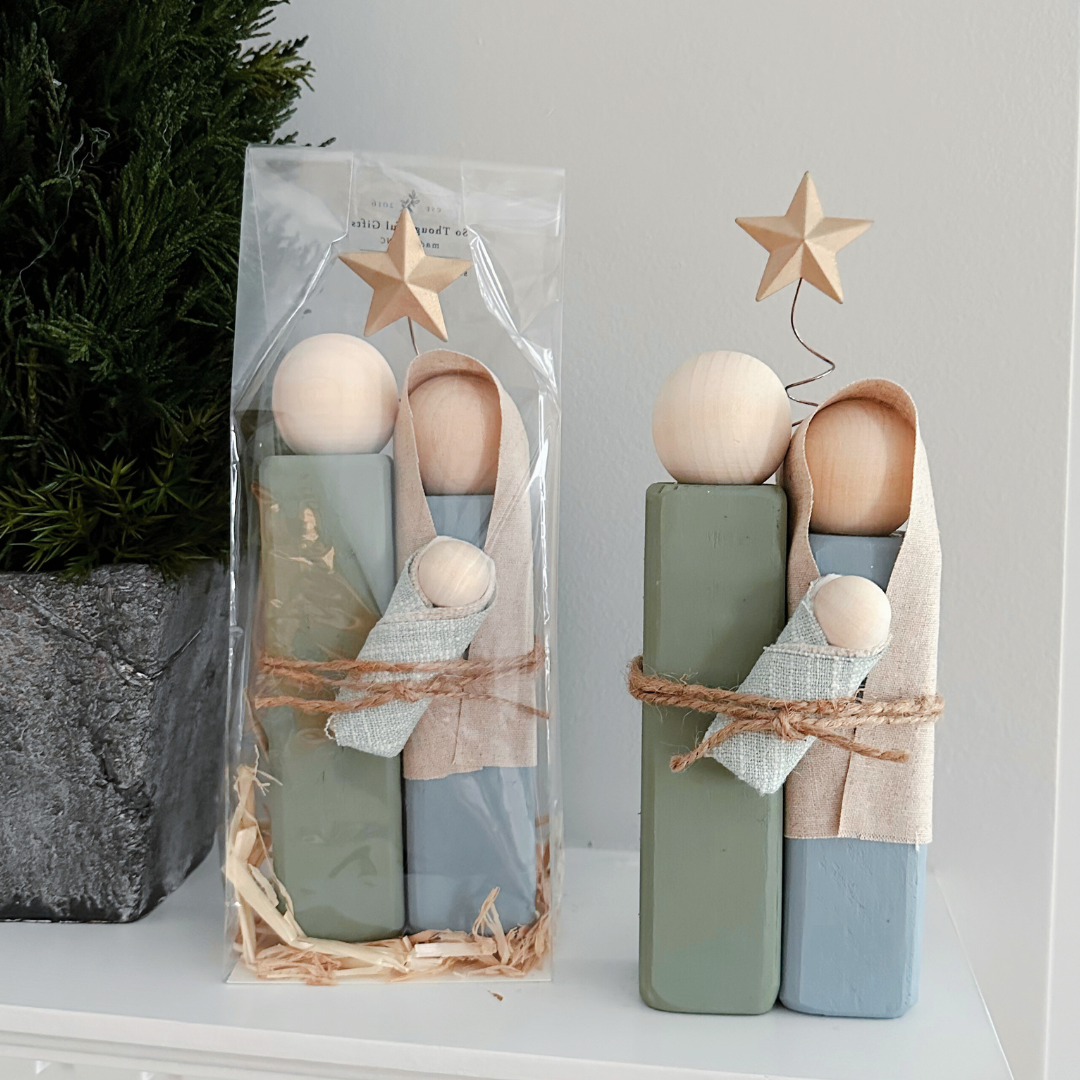 Simple Wooden Nativity Set | Hand-painted | Gift Wrapped: Gray & White - Persnickety Shop