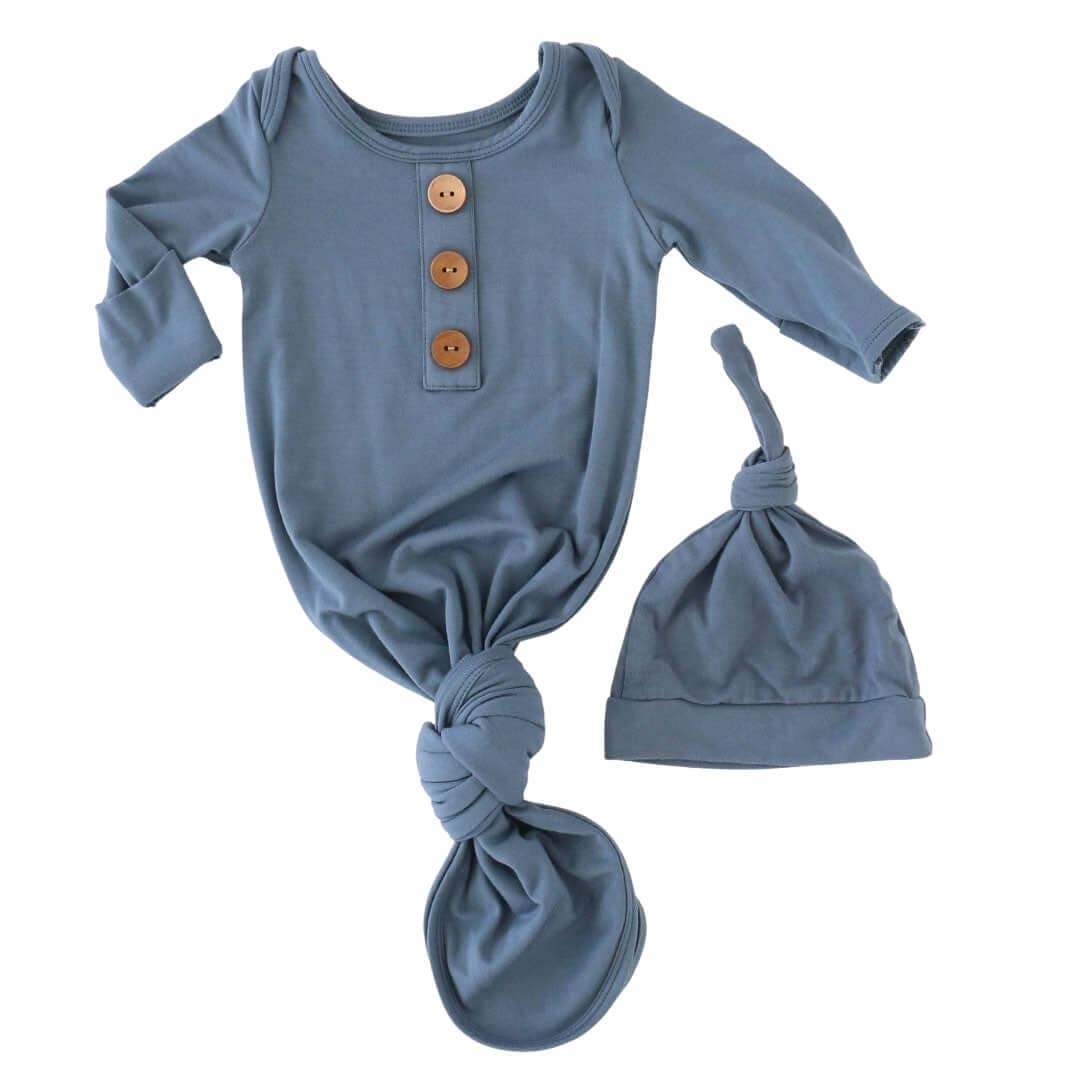 Solid Dusty Blue Bamboo Baby Knot Gown & Hat: Newborn / 7-14lbs+ - Persnickety Shop