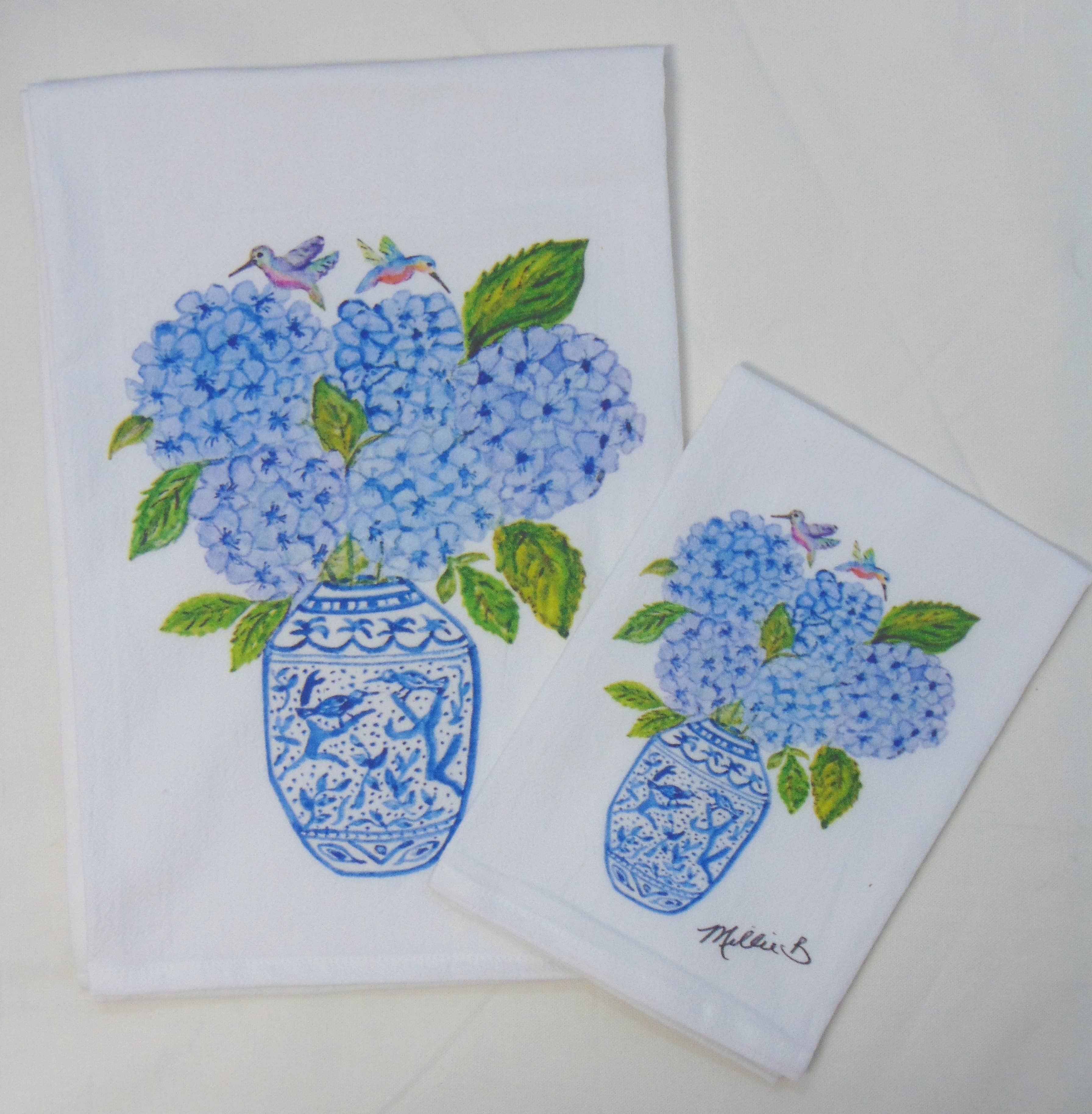 Limited Edition Hydrangea Hummingbird White Flour Sack Towel - Persnickety Shop