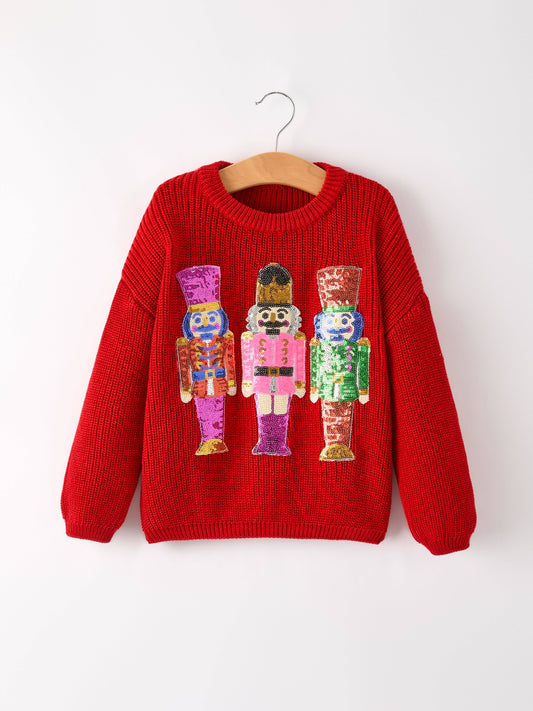 Red Christmas Girls Nutcracker Sequins Pullover Sweater: 6 - Persnickety Shop