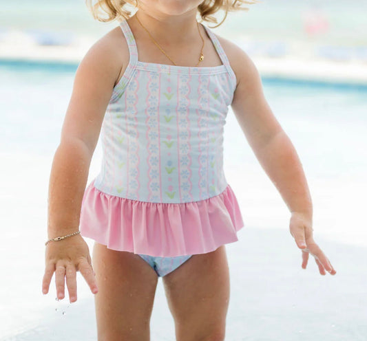 Lainey Blue Floral Scallop Skirted One Piece Swim - Persnickety Shop