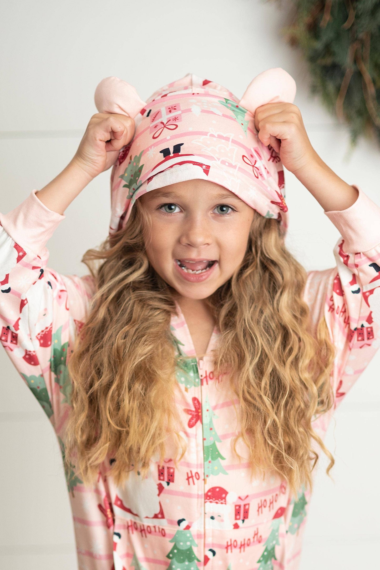 Kids Pink Santa Lounge Zip Hoodie Onesie with Critter Ears: 5/6 - Persnickety Shop